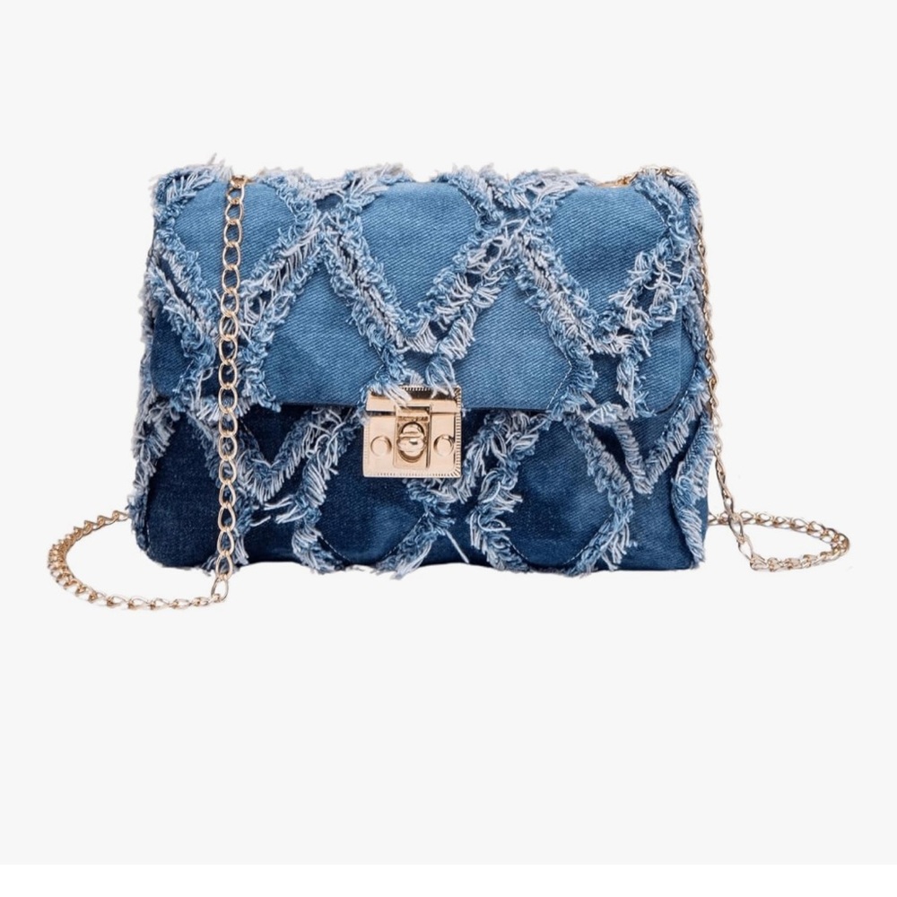 🆕 Women's Distressed Denim Crossbody Bag Twist Lock Quilted Handbag